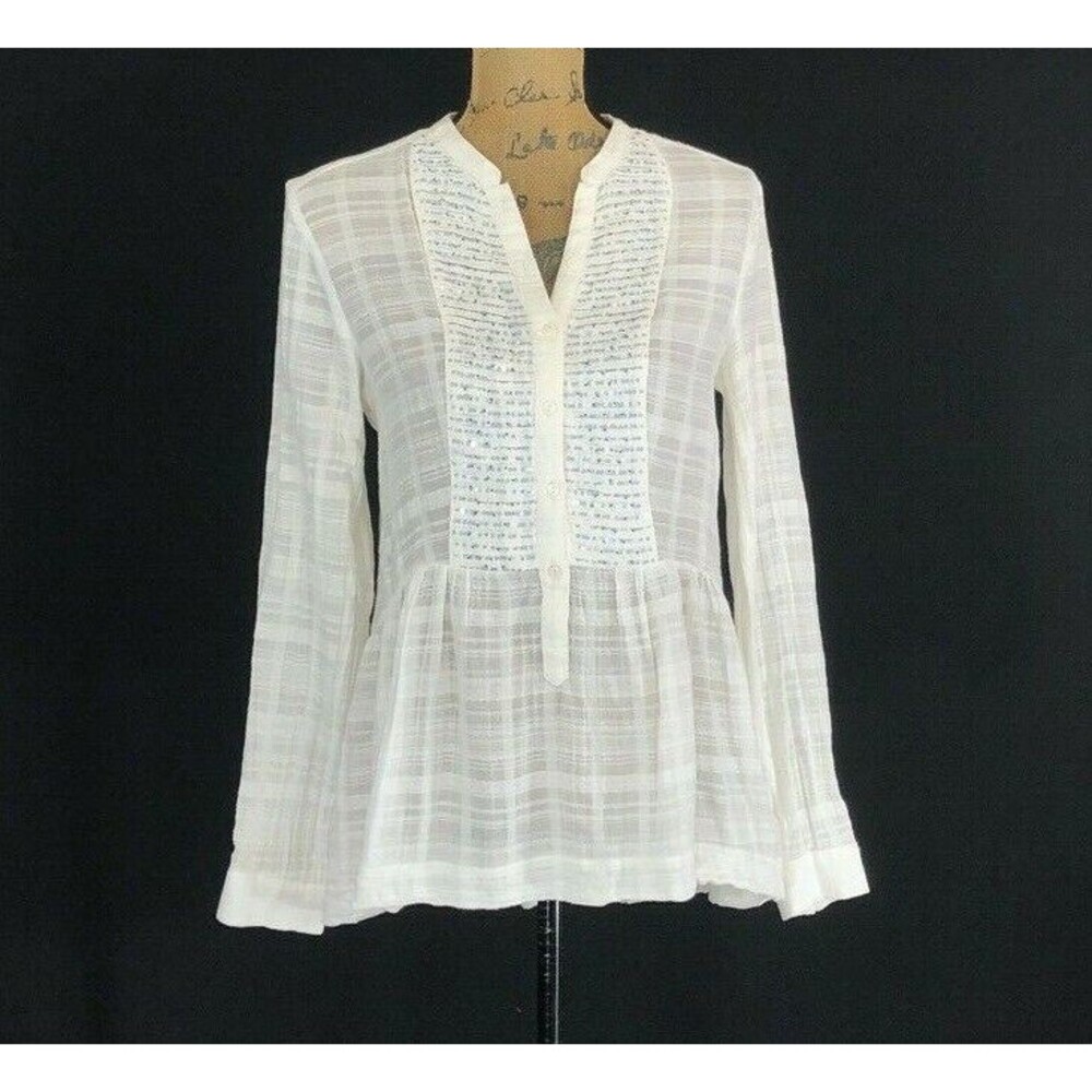 MAEVE Anthropologie Top 4 Off White High Lo Textured Shirt Blue Bead Long Sl LN